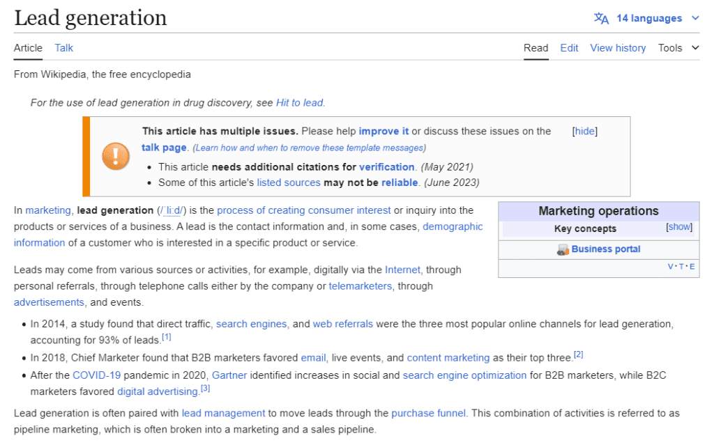 Definicja lead generation pochodząca z wikipedii